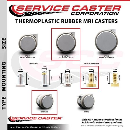 Service Caster 2.375 Inch MRI Safe Casters, 10mm Threaded Stem, Set of 5, 5PK SCC-TS02S60-TPR-GRY-M10X22-MRI-5